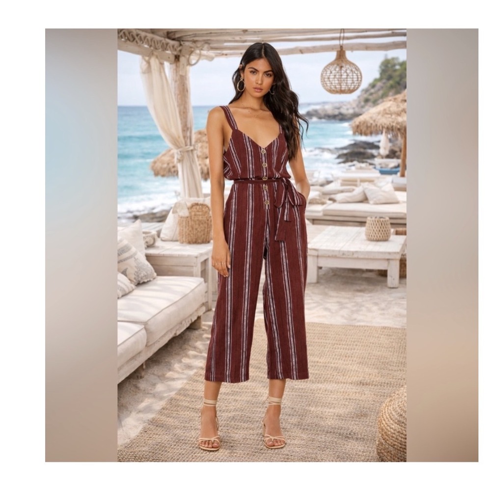Sanctuary Women Burgundy Striped Button Front Tie Waist Linen Jumpsuit Size M